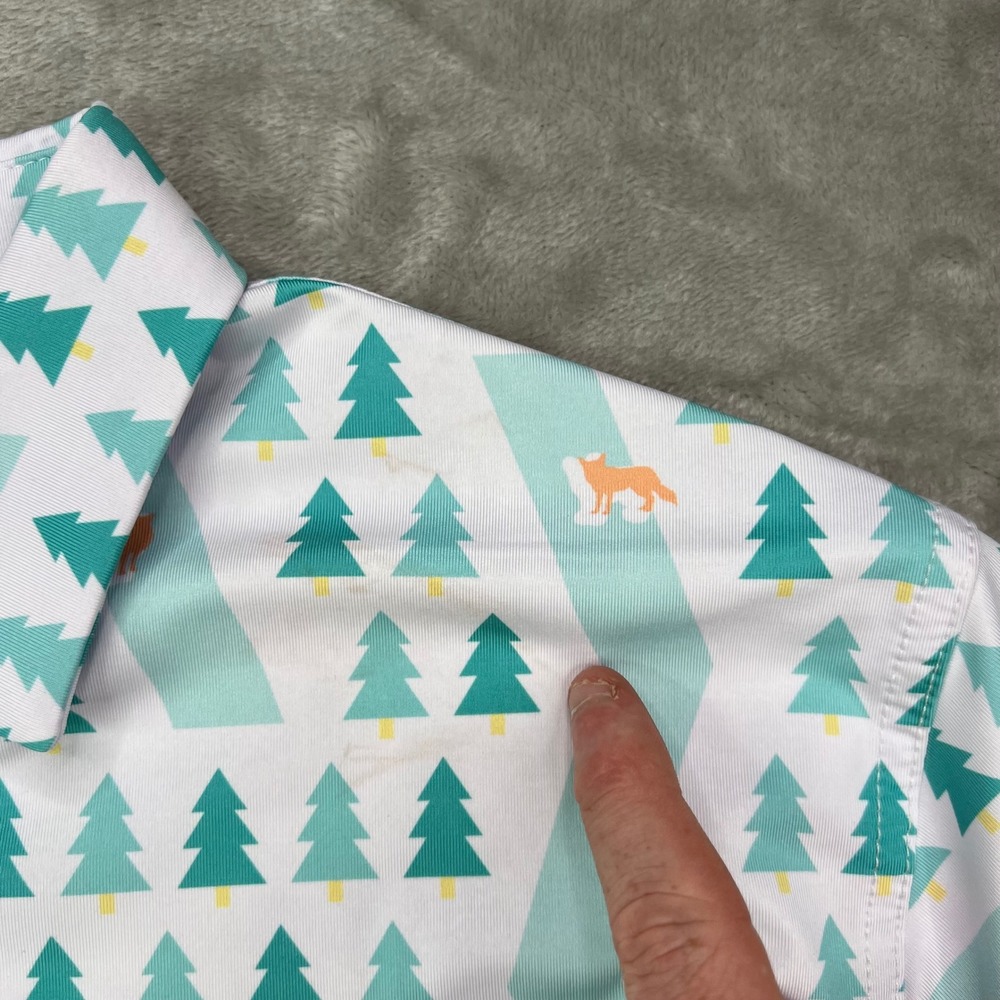 Waggle Fox Holes Polo Shirt Mens Large White Green Fox Print Stretch Performance - Picture 3 of 11